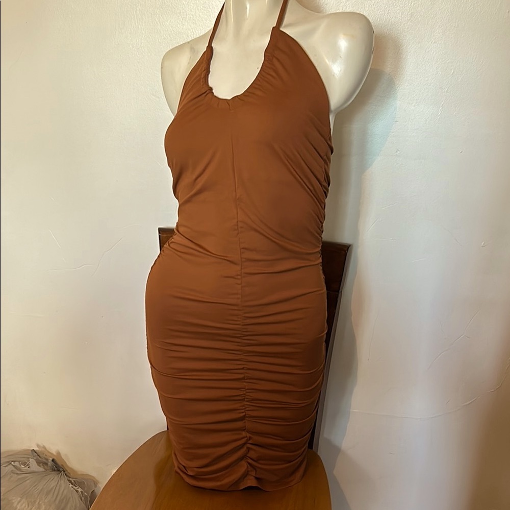 Hotwy Halter Ruched Bodycon Dress in Brown
